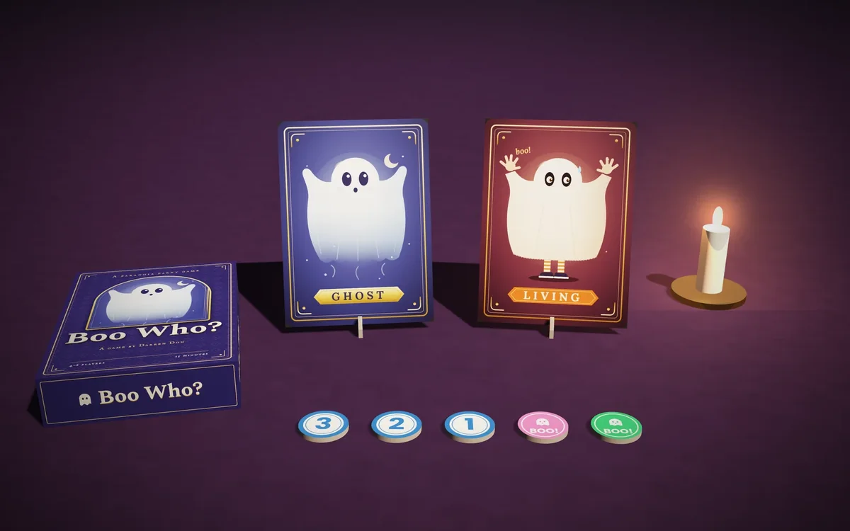 Boo Who? mockup: the violet tuck box, a Ghost and a Living card standing in their stands, a candle and one player’s Boos.