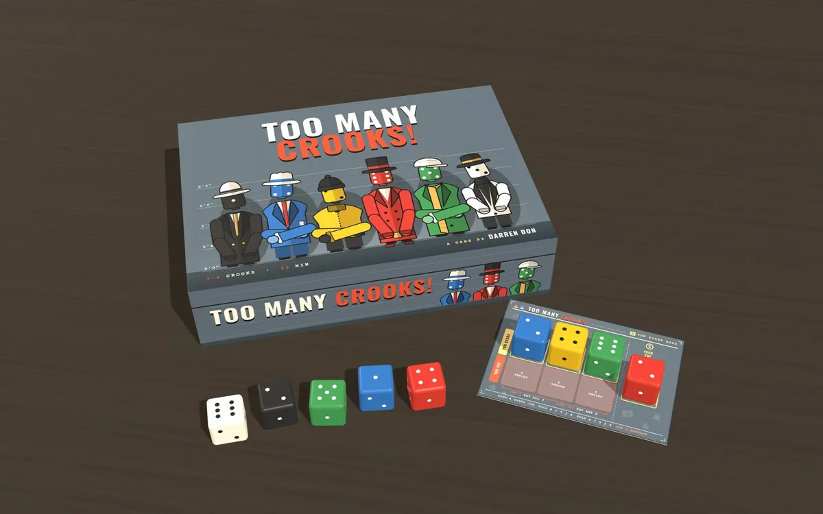 Too Many Crooks! mockup: the box with a police lineup of dice-headed crooks, loose dice and a crew sheet.